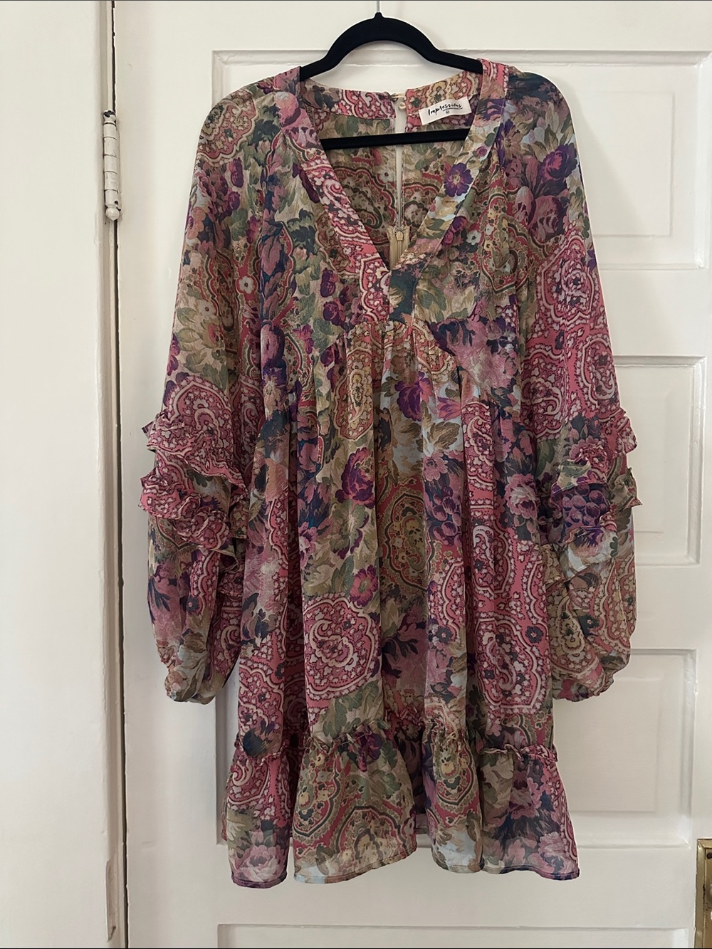 Floral Paisley Boho Tunic Dress - Pink, Purple & Cream